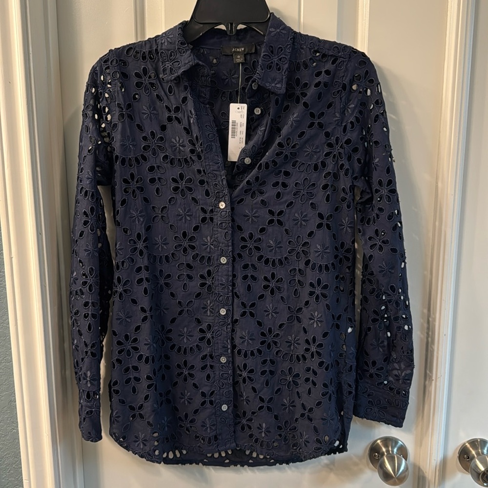 J Crew lace shirt, Navy, size 0, NWT